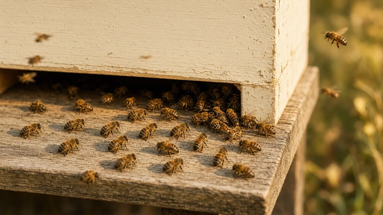 Honey bees on the landing board of a Langstroth hive in late-afternoon light
