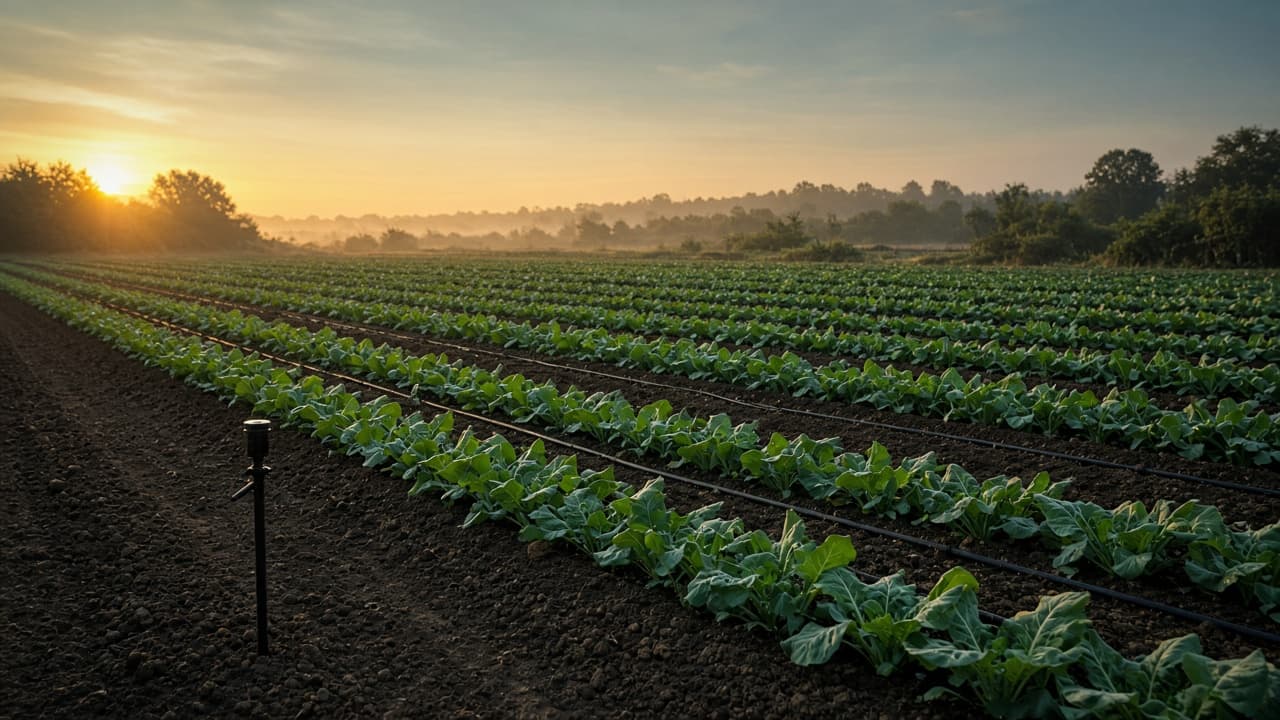 Drip irrigation across vegetable rows at dawn
