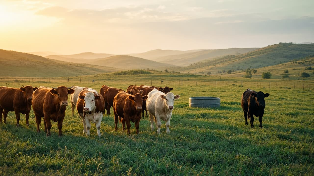 Cattle grazing on open pasture in golden-hour light