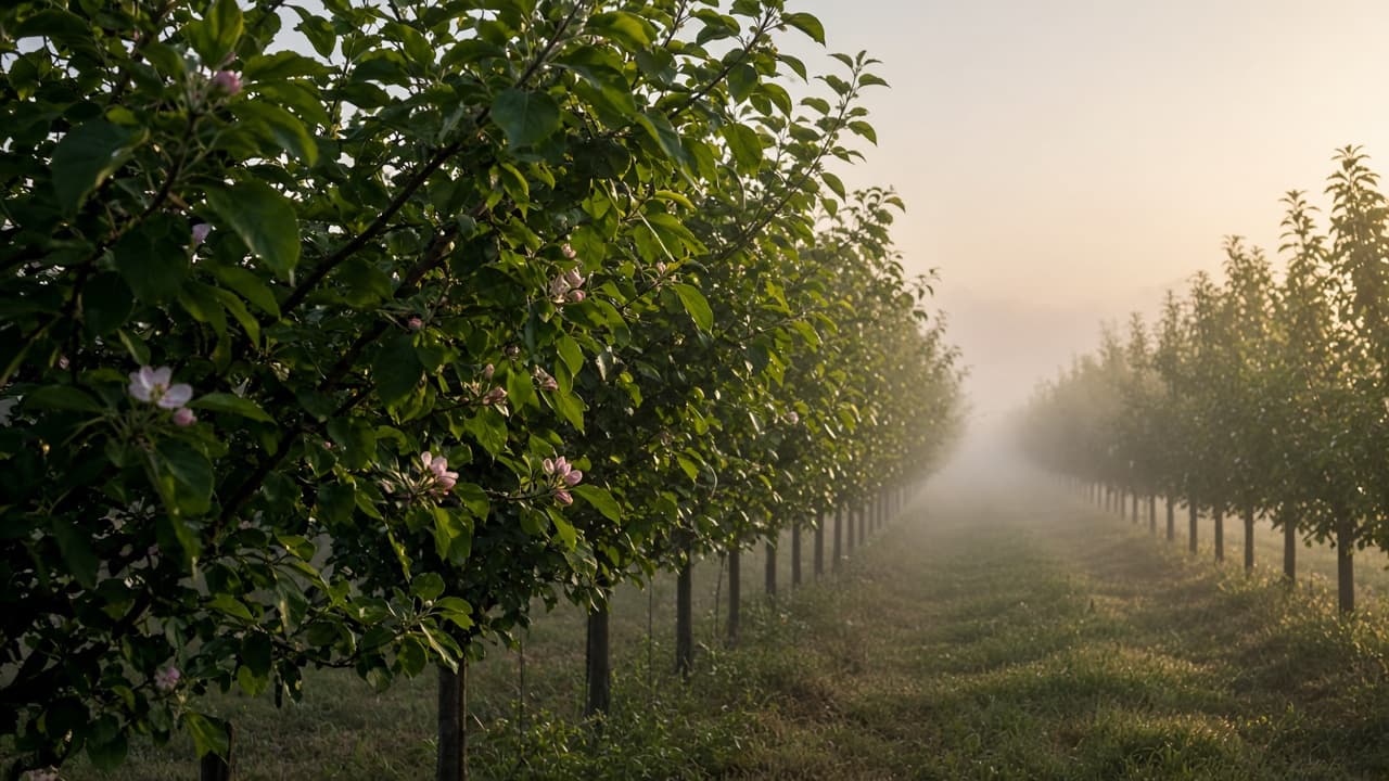 Rows of fruit trees in a commercial orchard under soft spring light